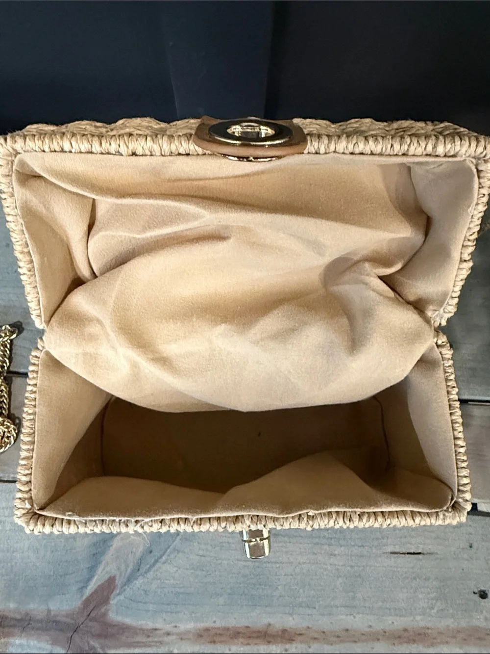Woven Box Handbag with Gold Accent - Tan with matching earrings and purse charm